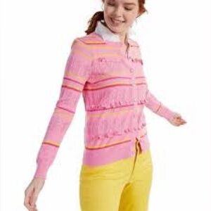 Ruffle Striped Pink and Yellow Cardigan Large Charter Club
